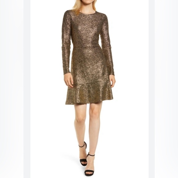 NEW Michael Kors Gold & Black Foil Knit Flounce Dress Size Large - Picture 1 of 11